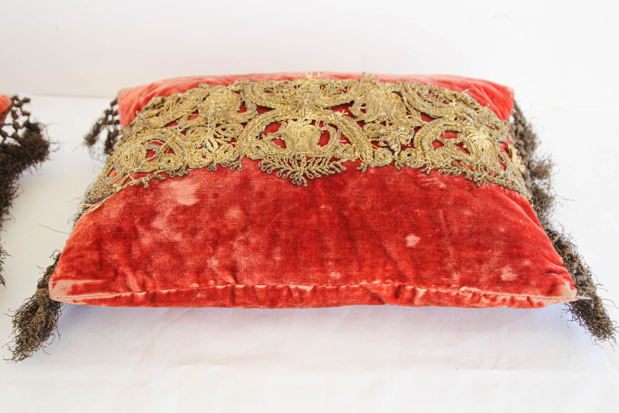 Antique Venetian Moorish Silk Velvet Throw Pillows Embellished with Metallic Treads