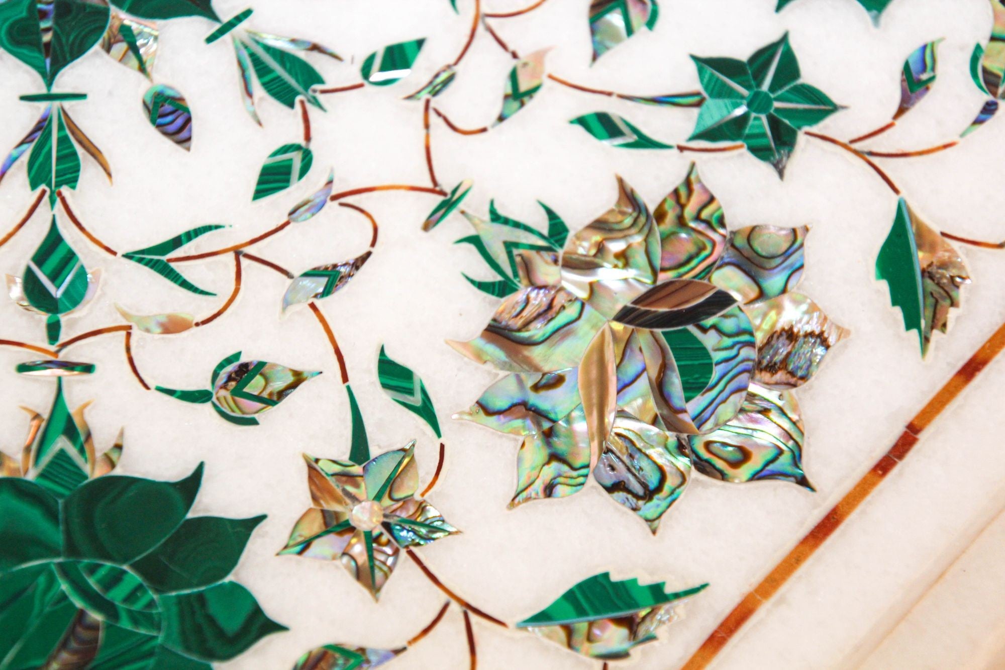 Pietra Dura White Mosaic Octagonal Inlaid Marble Top Handcrafted Agra India 1980