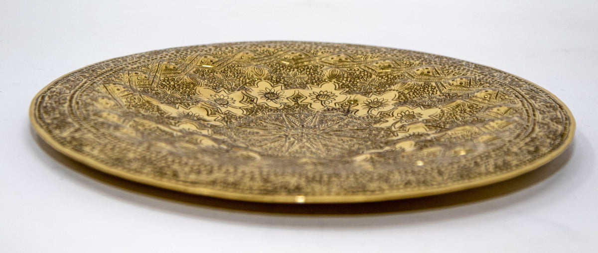 Islamic Persian Polished Brass Tray Collectible Metal Work Platter 10 inches D.