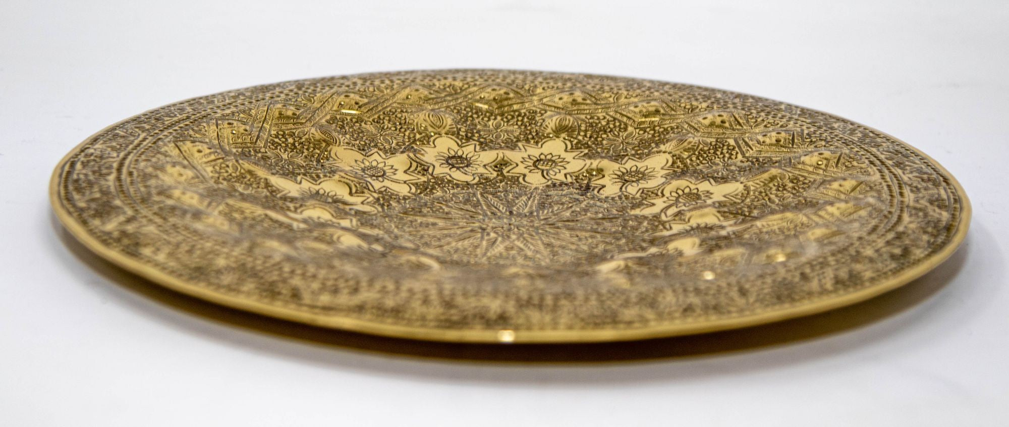 Islamic Persian Polished Brass Tray Collectible Metal Work Platter 10 inches D.