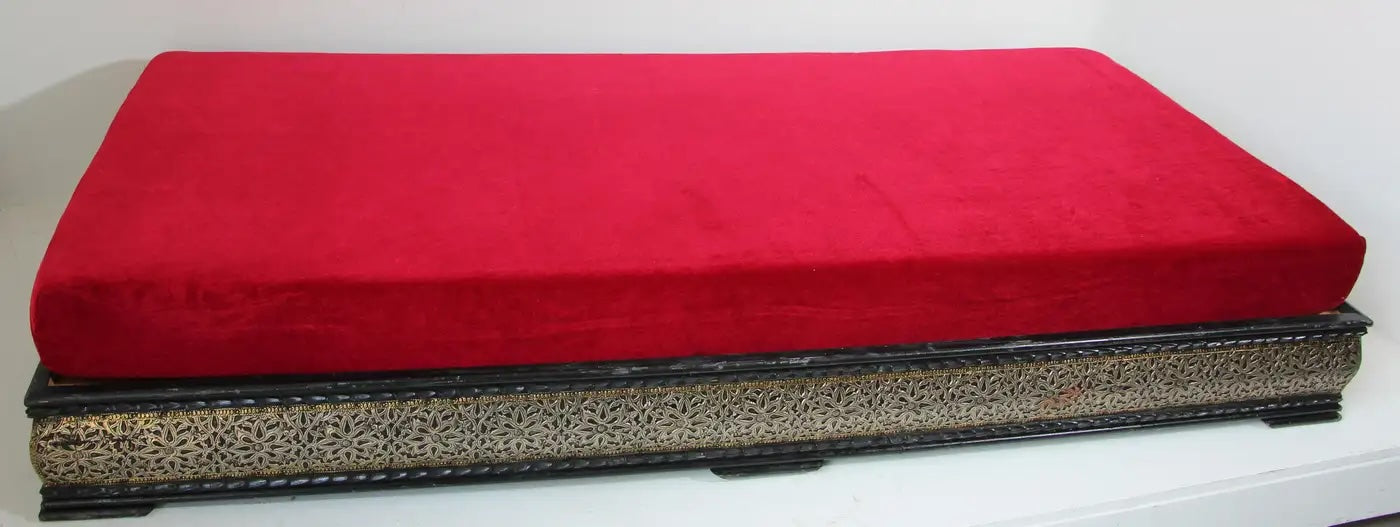 Vintage Moroccan Settee Low Bench, Day Bed with Red Cushion