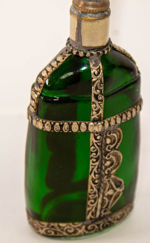 Moorish Green Glass Perfume Bottle Sprinkler with Embossed Metal Overlay
