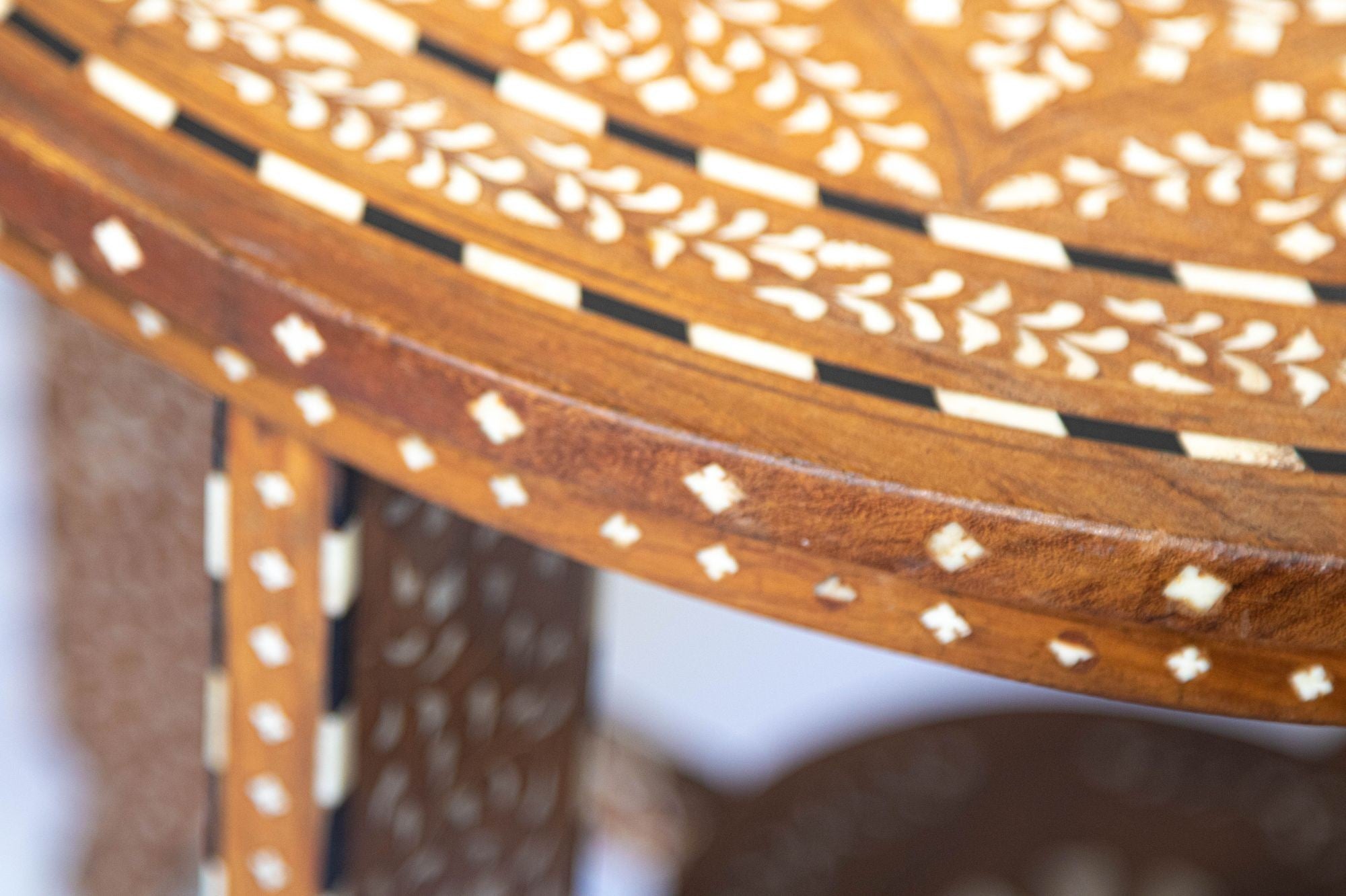 Anglo Indian Mughal Teak Wood Round Side Table with Bone Inlaid