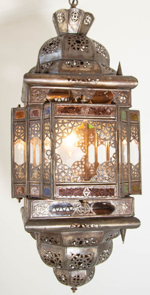 Vintage Moroccan Hanging Lantern Clear and Multicolor Glass Made in Marrakech