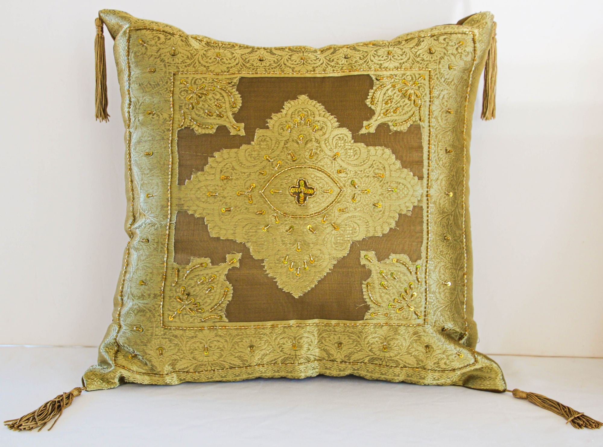 Gold Moorish throw Pillows Embellished with Sequins and Beads a Pair