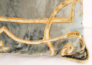 Baroque Venetian Style, Blue and Gold Velvet Pillow, Elaborate Applique Work