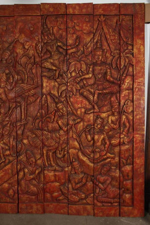 Antique Monumental Asian Hand-Carved Wooden Decorative Mural Panel 8ft