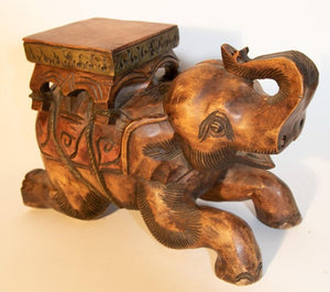 Vintage Asian Elephant Hand-Carved Wooden Stool