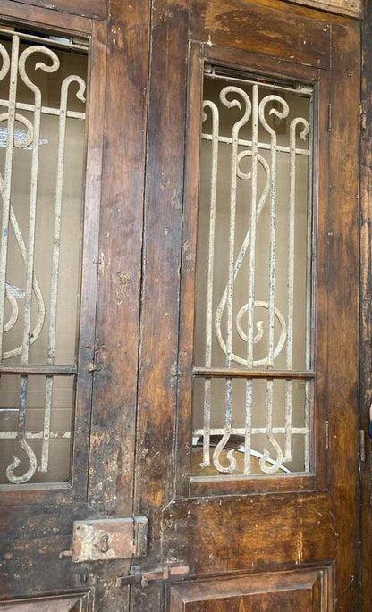 Set of French Painted Double Entry Door with Iron Insert