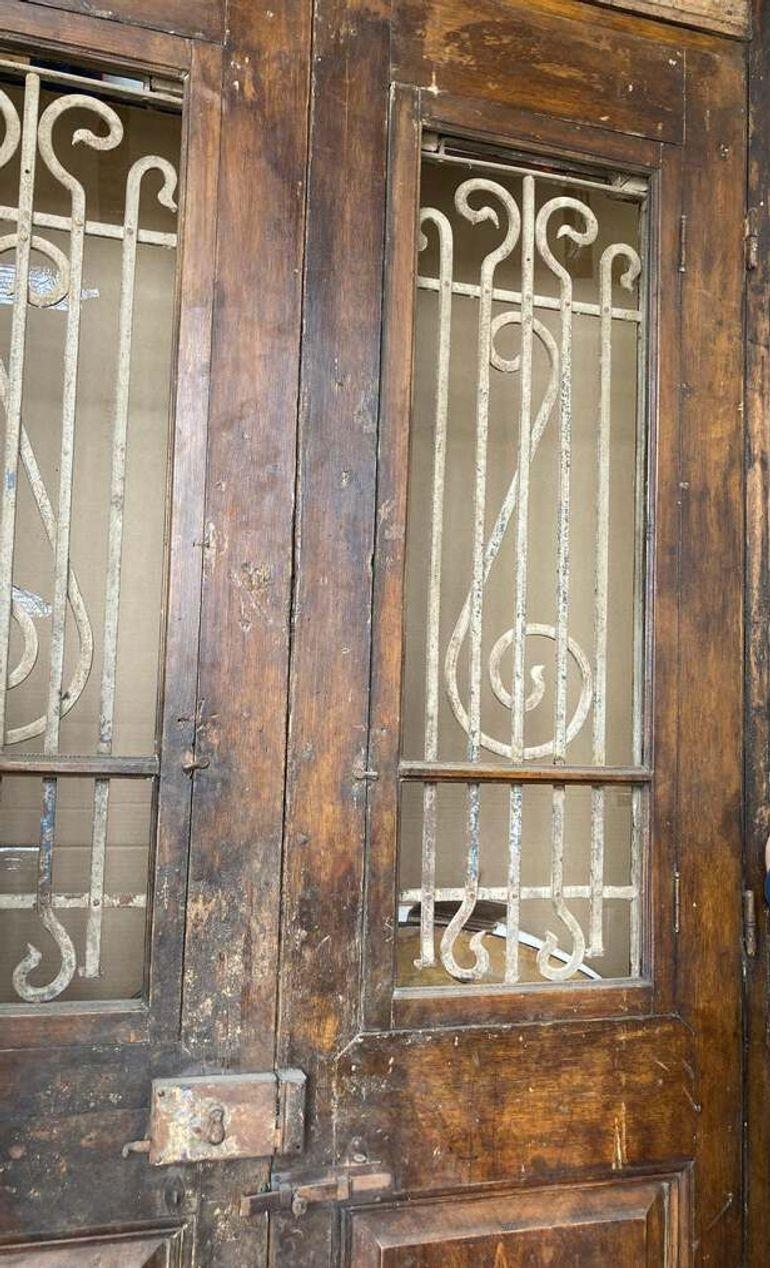Antique French Painted Double Entry Doors with Transom Wood and Wrought Iron — France