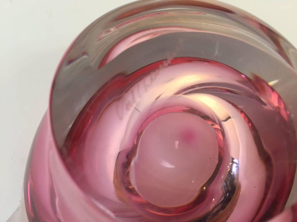 Crystal Pink Ashtray for Val Saint Lambert, Paper Weight Signed