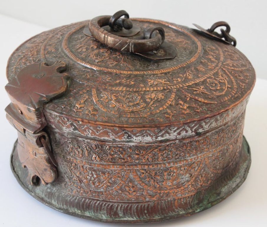 Antique South Asian Mughal Round Tinned Copper Box with Lid India 19th Century