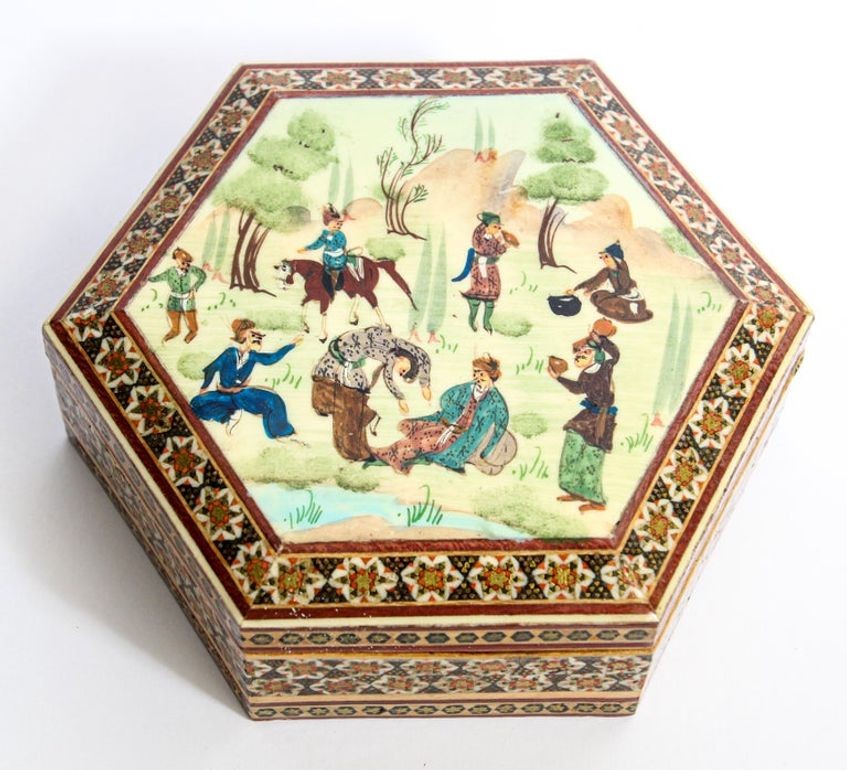 Khatam Persian Micro Mosaic Marquetry Inlaid Jewelry Trinket Box 1950's