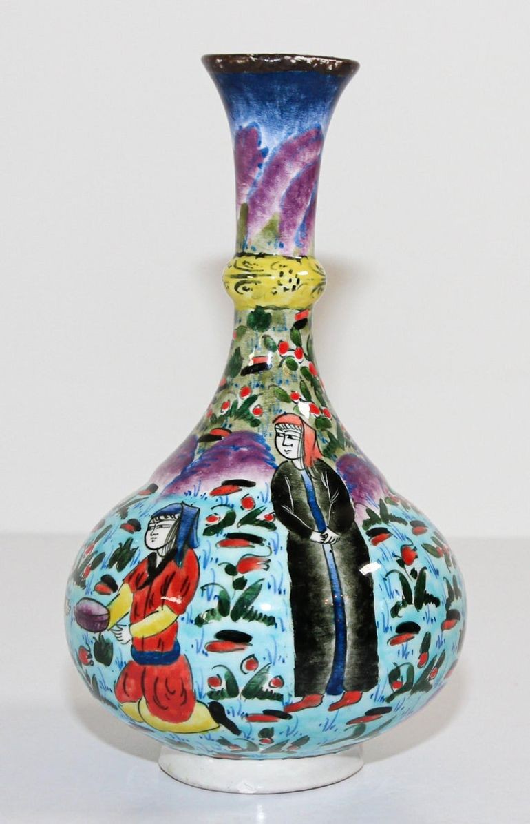 Turkish Ottoman Scene Polychrome Hand Painted Ceramic Vase Kutahya