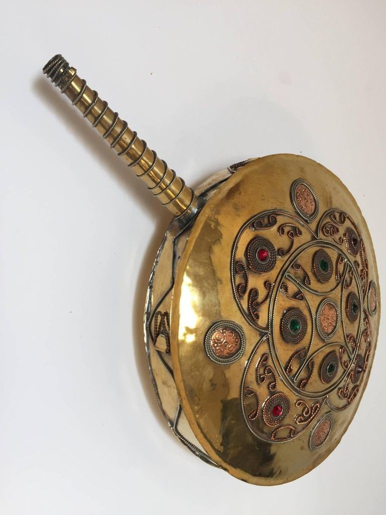 Handcrafted Moroccan Brass Drinking Flask with Glass Stones, 1940