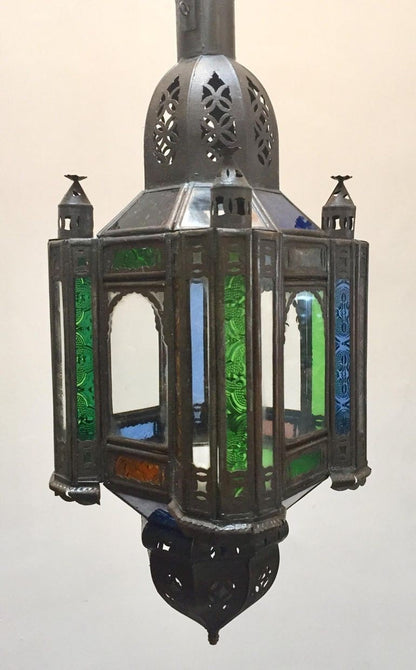 Moroccan Handcrafted Moorish Pendant Lantern with Multi-Color Glass