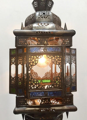 Moroccan Hall Lantern Light Fixture with Multi-Color Glass Moorish Style