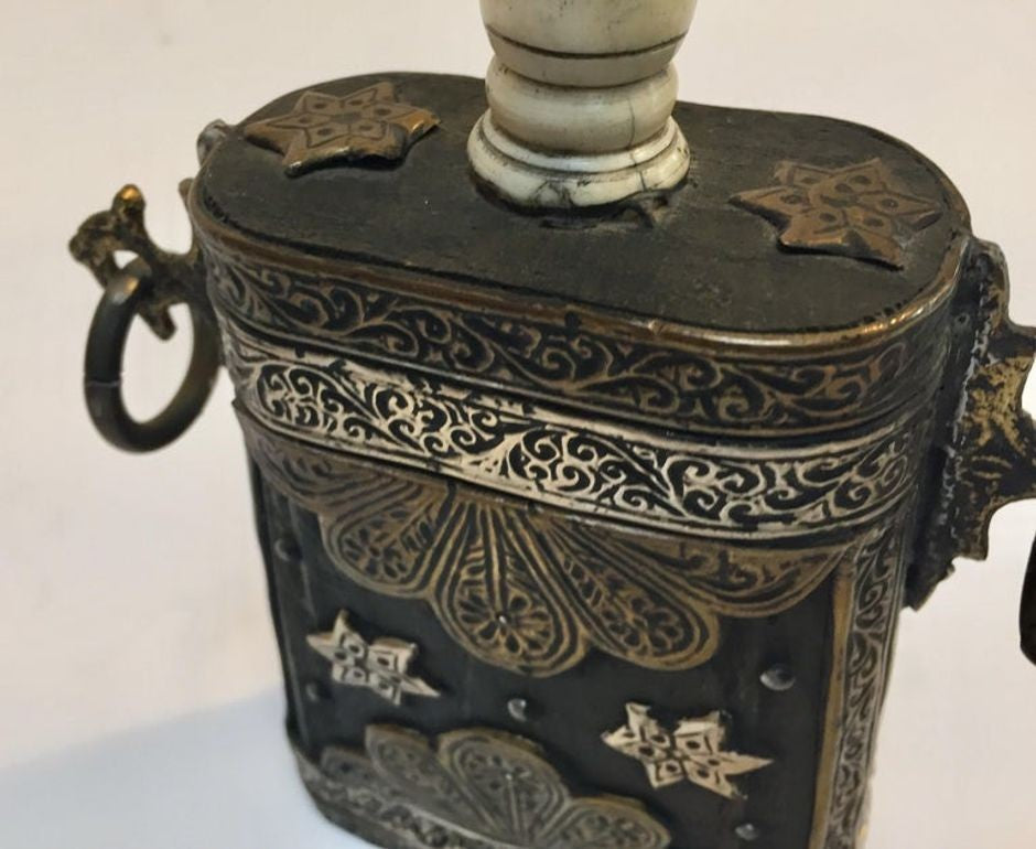 Antique Moroccan Berber Case Flask, Hand-Carved Wood & Brass, 1920s