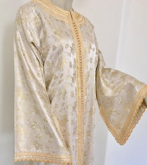 Vintage Moroccan Kaftan White and Gold Metallic Floral Brocade Caftan 1970's