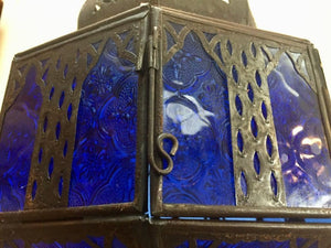 Handcrafted Moroccan Metal and Blue Glass Lantern, Octagonal Shape