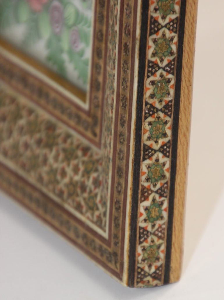 Middle Eastern Miniature Painting of Peacocks in Mosaic Frame