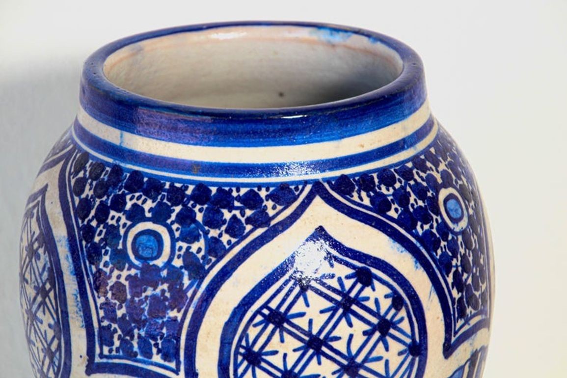 Moroccan Ceramic Blue and White Moorish Jar from Fez 1950s