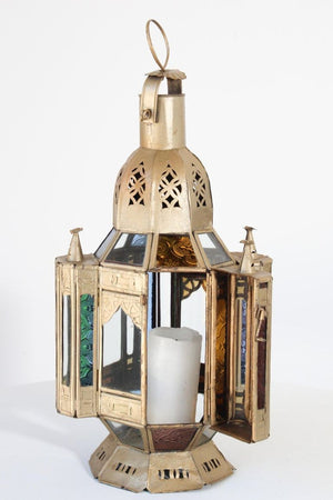 Moroccan Candle Lantern in Moorish Gilt Metal and Glass