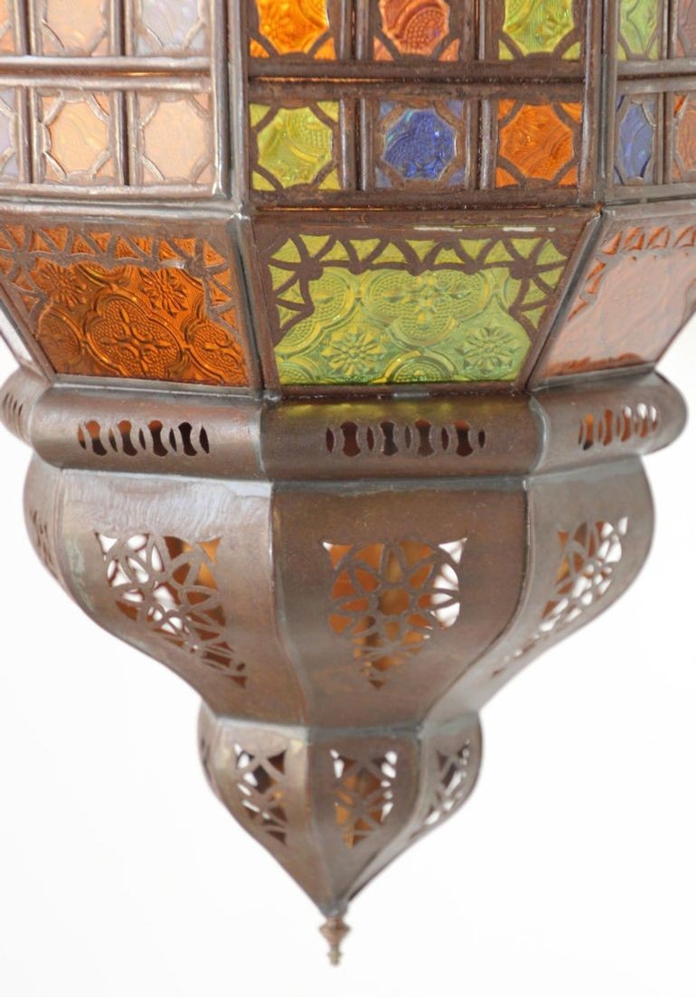Moroccan Hanging Glass Lantern Moorish Metal Light Fixture with Stained Glass