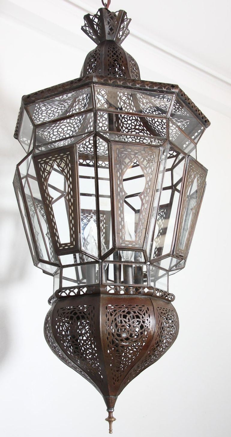 Vintage Moroccan Moorish Clear Glass Pierced Metal Lantern Chandelier, 1980s