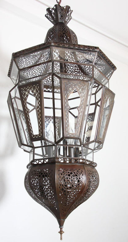 Vintage Moroccan Moorish Clear Glass Pierced Metal Lantern Chandelier, 1980s