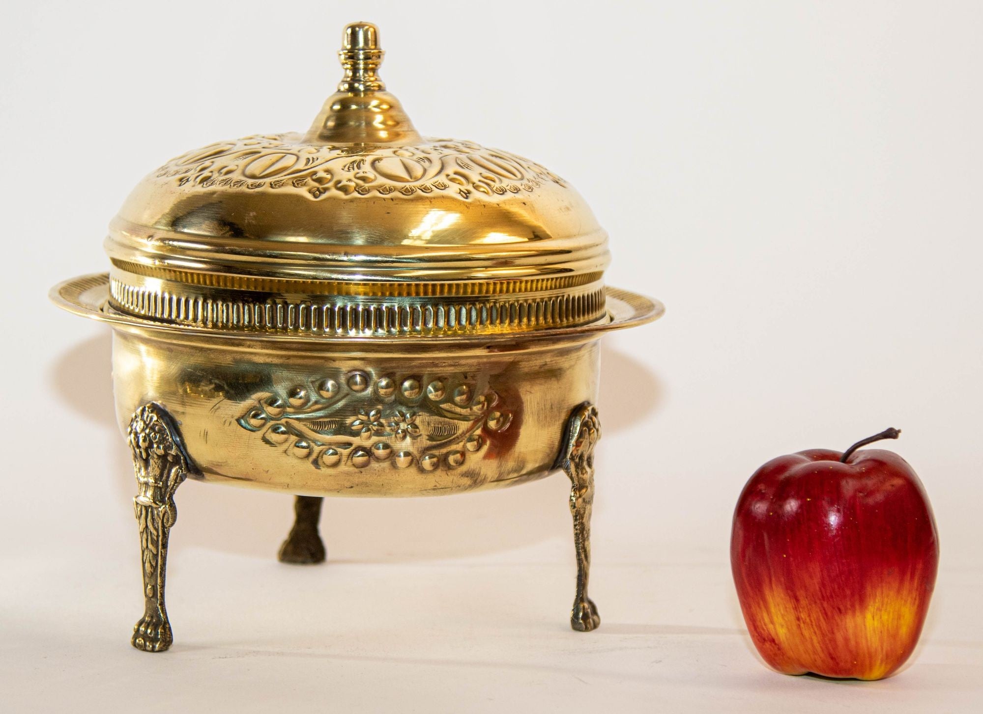 1940s Antique Round Moroccan Brass Serving Dish with Dome Lid and Paw Lion Feet.