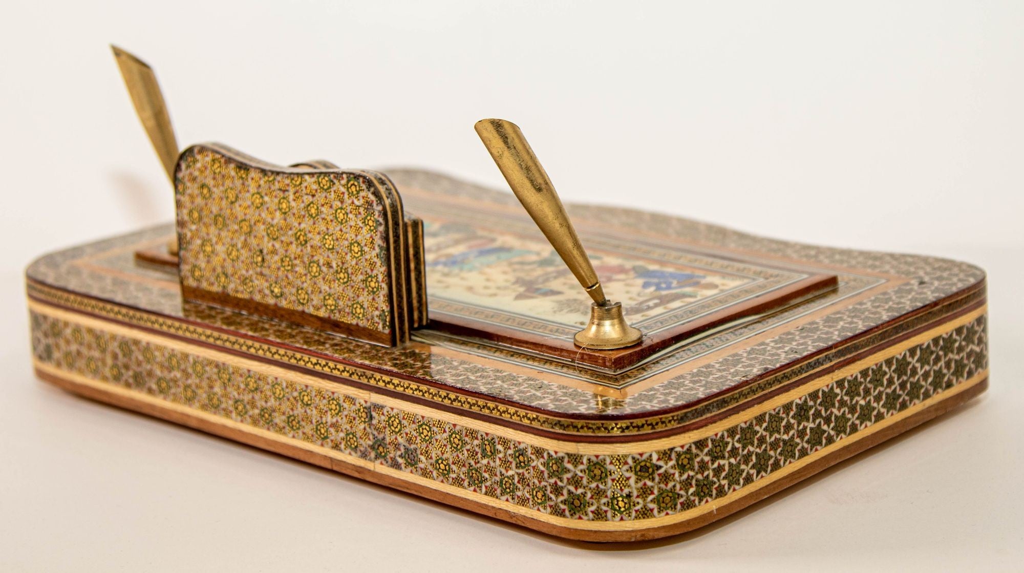 Vintage 1950s Persian Khatam Hand Painted Pen and Letter Desk Set