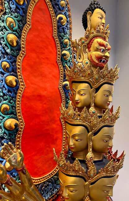 Handcrafted Oversized Gilt and Polychrome Copper Avalokiteshvara Statue, Nepal — detail view 9