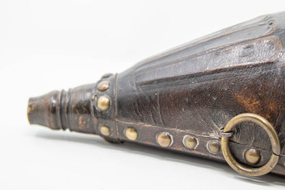 Antique Moroccan Carved Wood and Tooled Leather Powder Flask, 19th Century