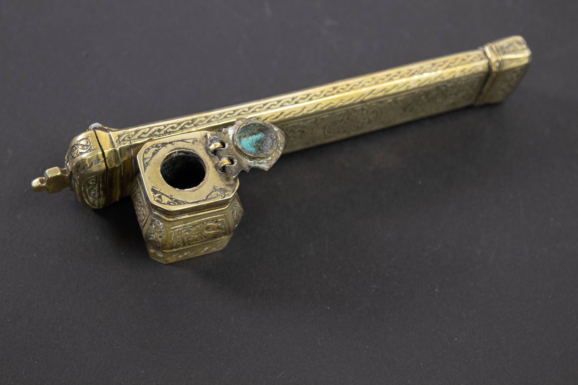 Antique 19th C. Ottoman Turkish Brass Inkwell Qalamdan with Arabic Calligraphy Writing