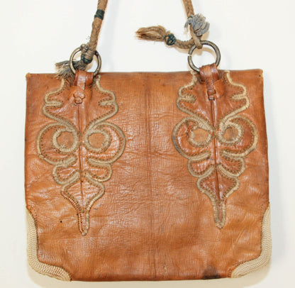 Antique Hand Tooled Leather African Tribal Moroccan Bag Collectible, 1940s