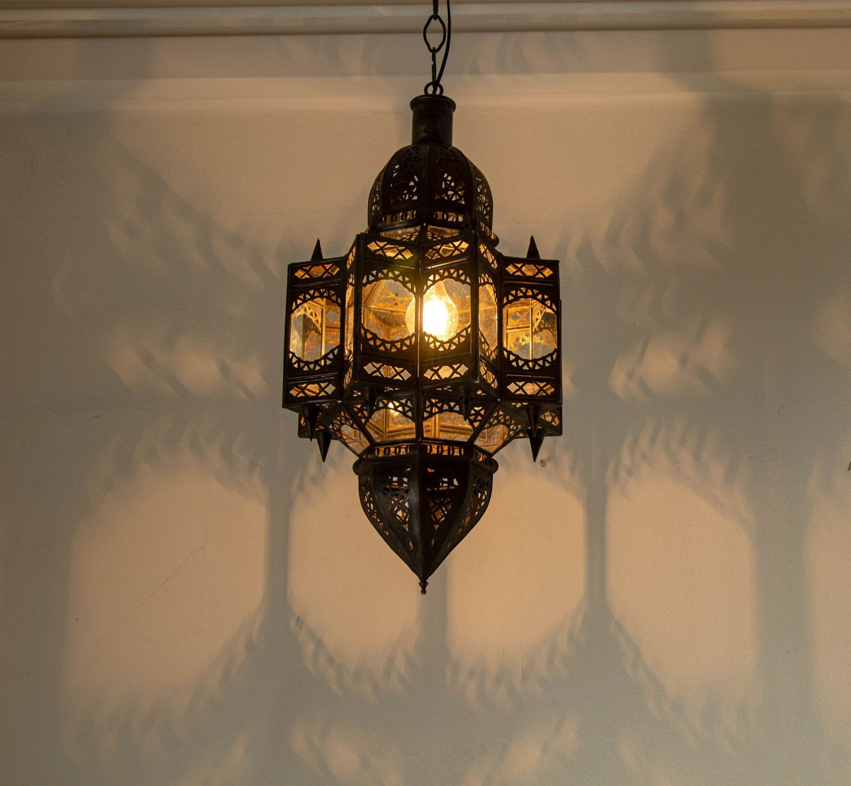 Vintage Moroccan Moorish Star Clear Glass & Pierced Metal Lantern, Marrakech