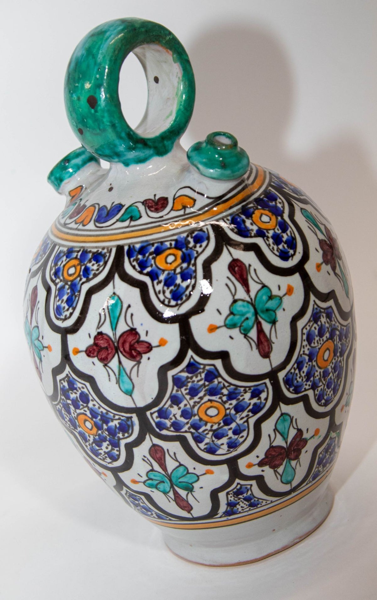Vintage 1940s Moroccan Fez Polychrome Ceramic Water Moorish Hand-Painted Jug
