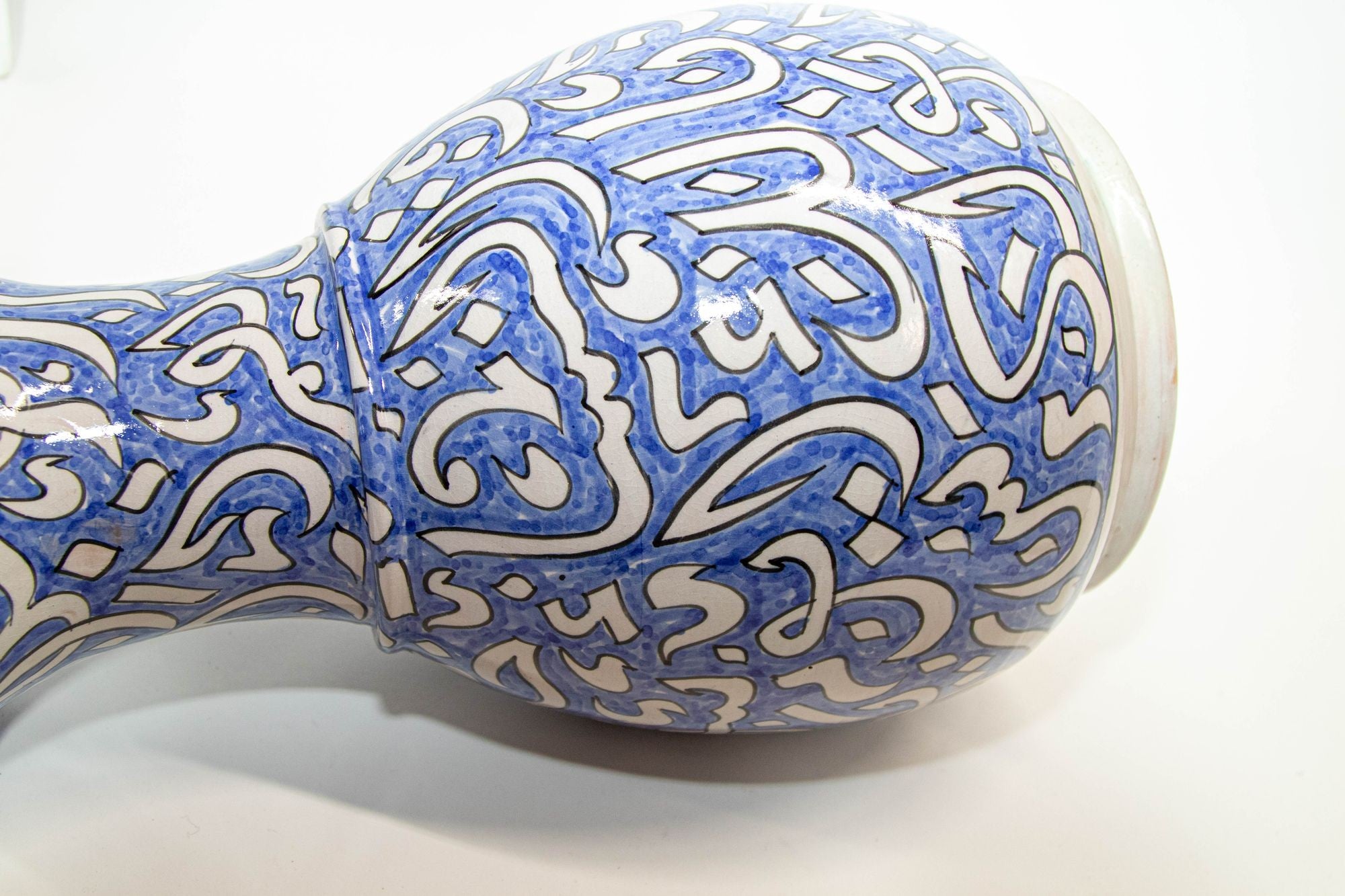 Moroccan Glazed Ceramic Vase with Arabic Blue Writing from Fez Morocco