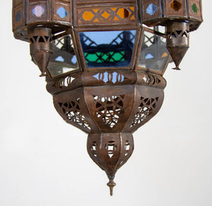 Vintage Moroccan Traditional Moorish Metal and Glass Lantern Ceiling Light