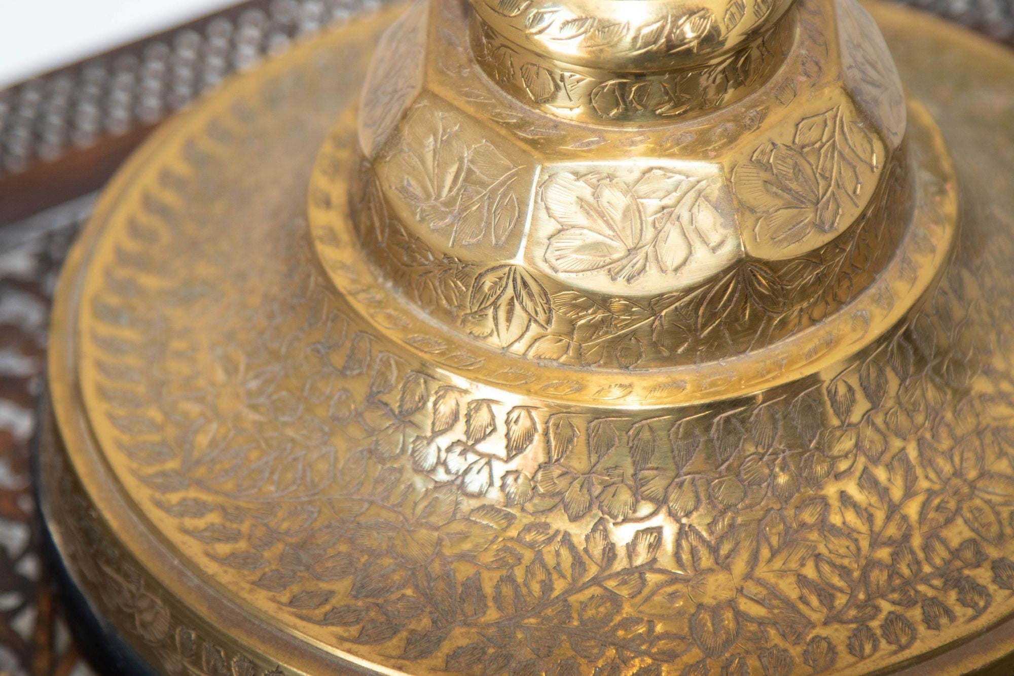 Vintage Polished Etched Solid Brass Candle Holder Table Lamp India