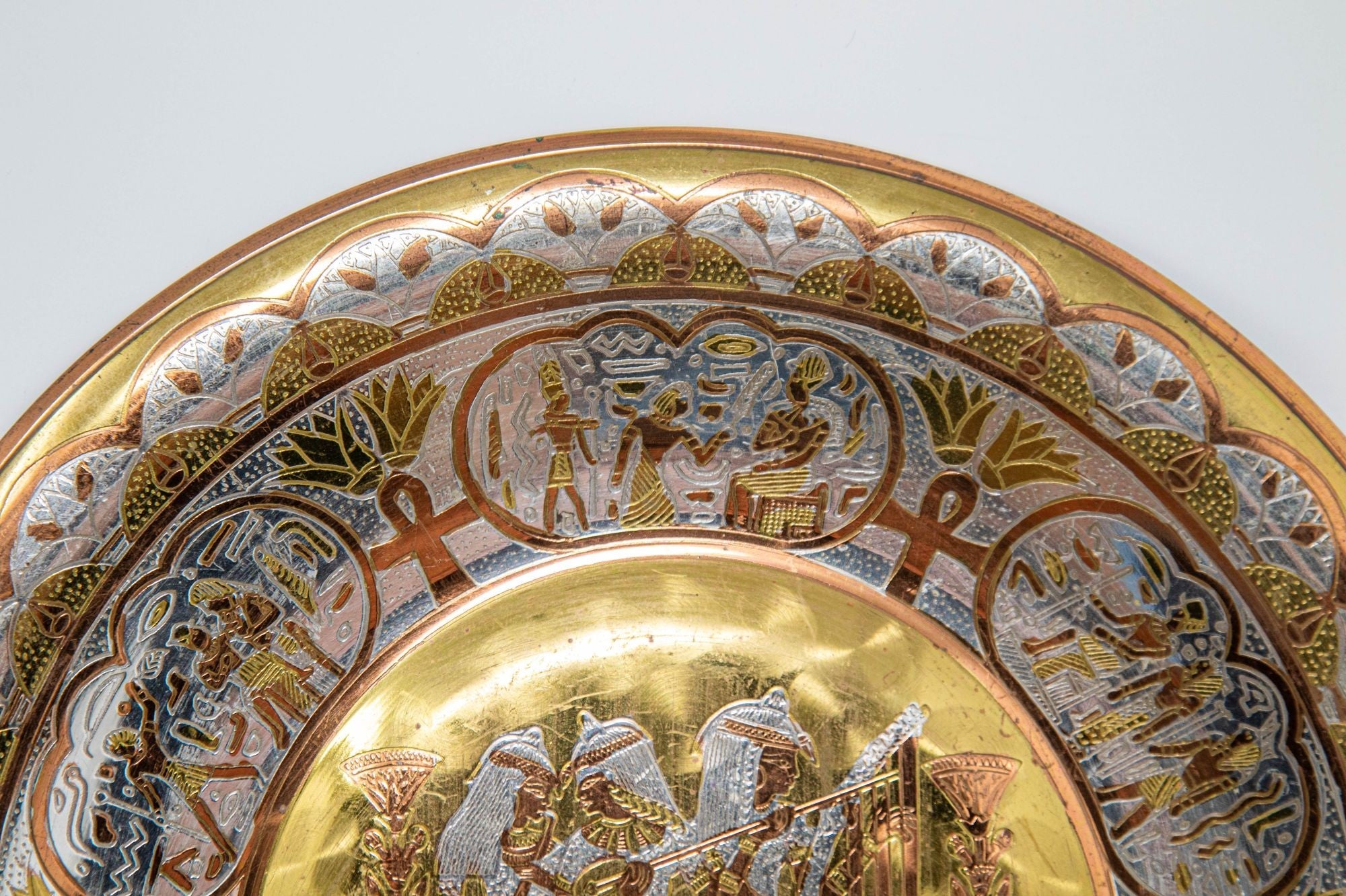 Egyptian Round Brass Tray with Silver and Copper Overlay Wall Hanging 1970
