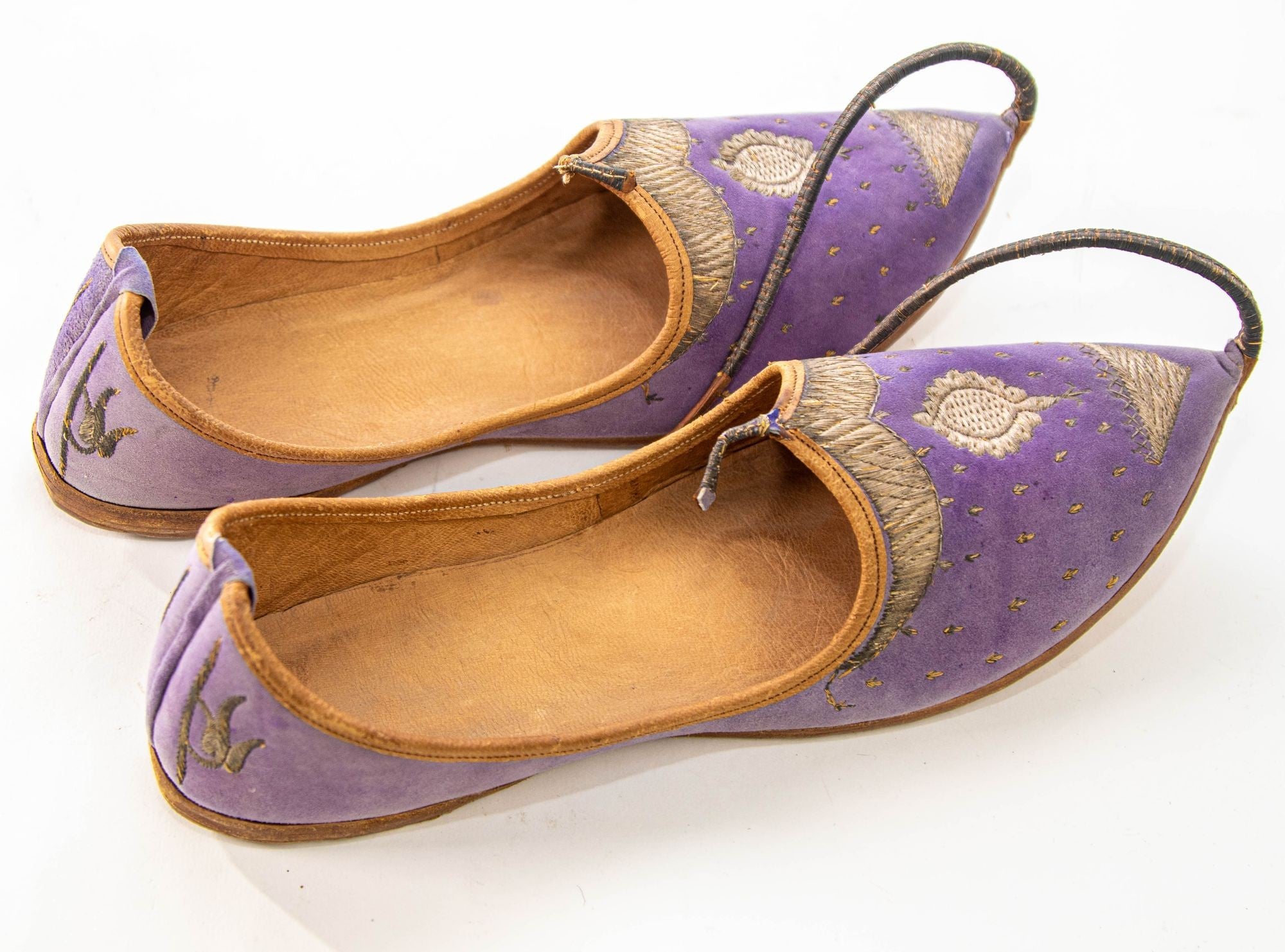 Antique Leather Purple Velvet Suede Mughal Raj Moorish Shoes Gold Embroidered