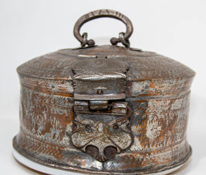 Antique South Asian Round Copper Bronze Box with Lid from India 19th C.