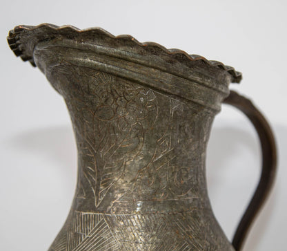 19th Century Persian Qajar Engraved Tinned Copper Ewer Pitcher