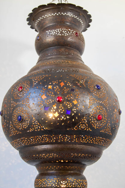 Large Moroccan Moorish Pierced Brass Chandelier with Colored Glass, circa 1940