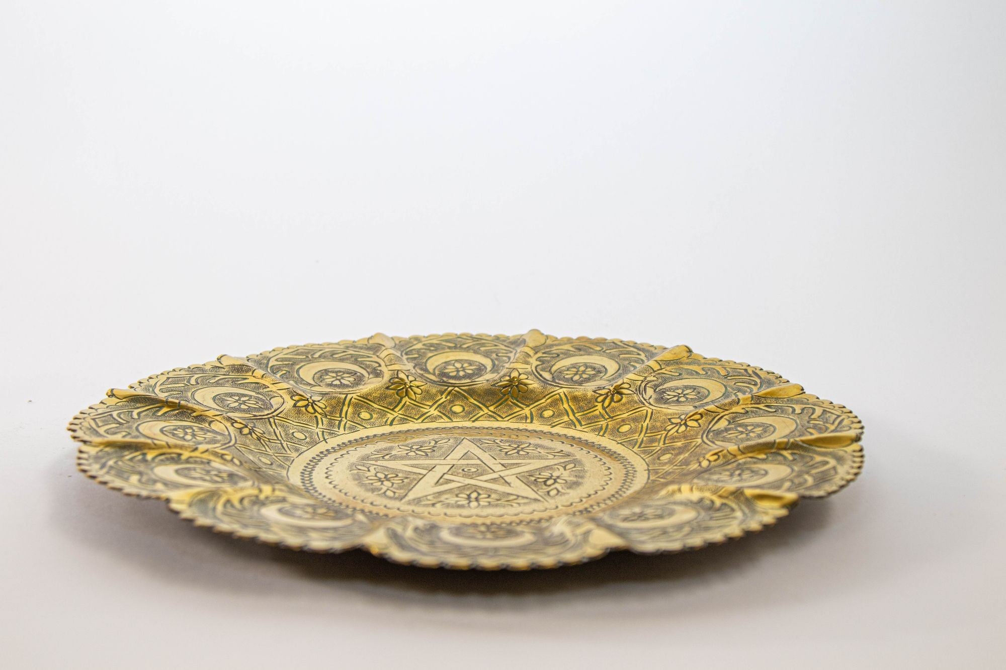 1950s Moroccan Brass Tray with Star and Moon Pattern 13 in. Diameter