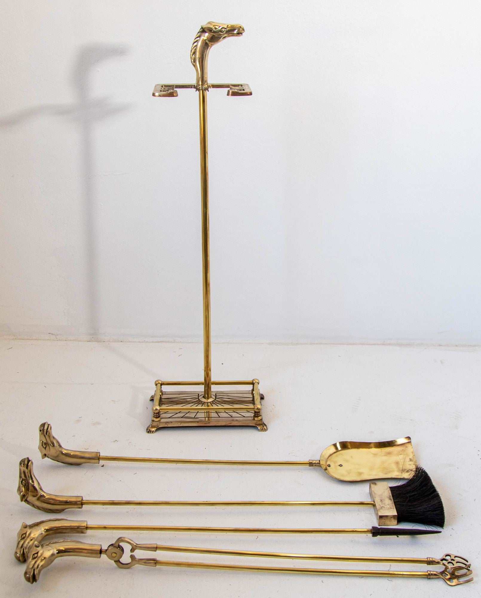 French Brass Horse Head Fireplace Tool Set Equestrian Hollywood Regency Style