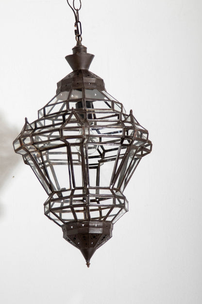 Vintage Moroccan Glass Lantern, Moorish Style Metal Fixture, 1980s