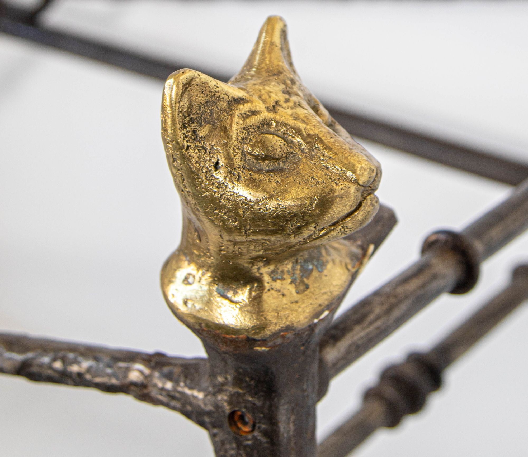 Giacometti Style Sculptural Brutalist Iron and Glass Console Table With Cat Head